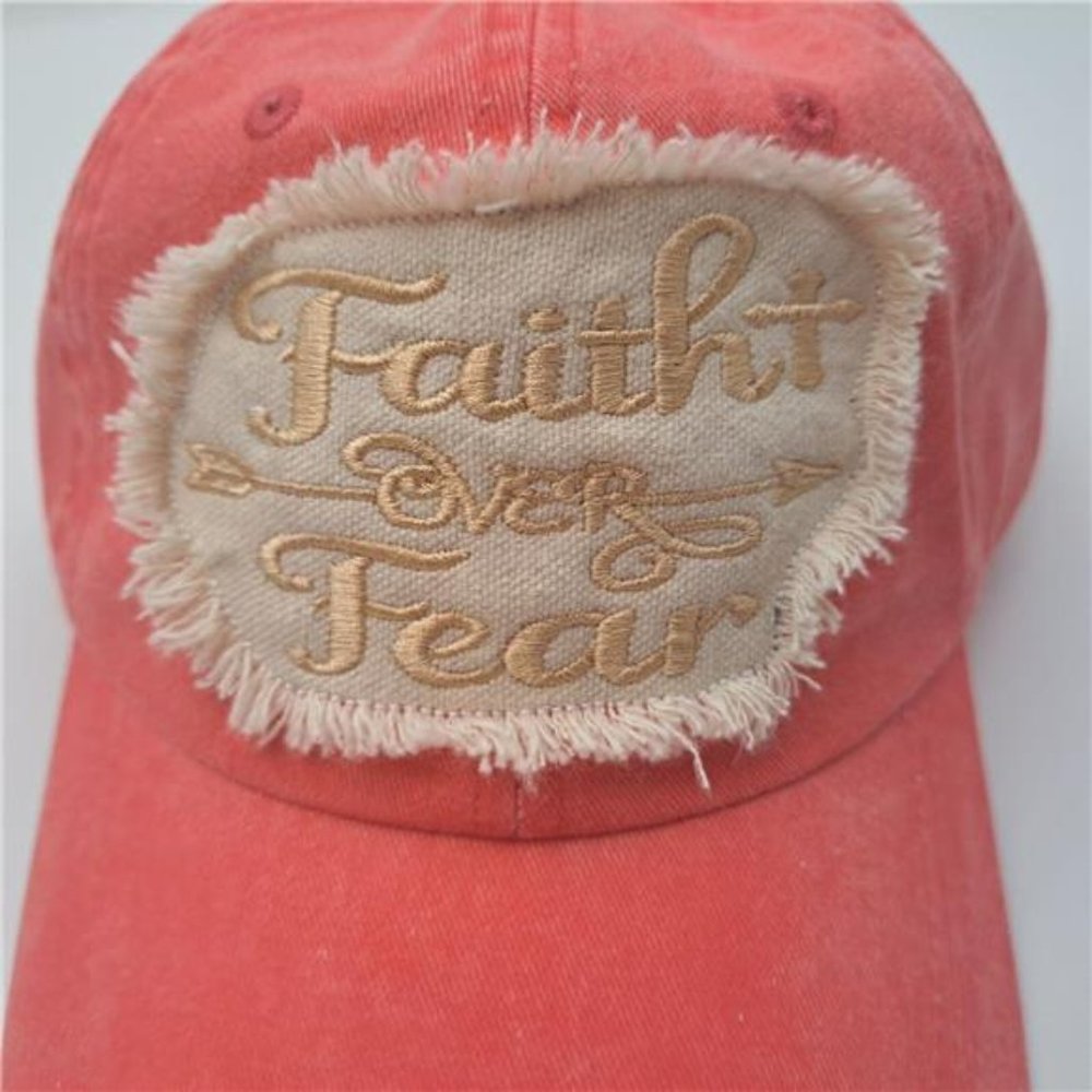 Faith Over Fear Women's Hat Cap Religious Cotton Pink Embroidered Ragged Patch - Picture 3 of 5